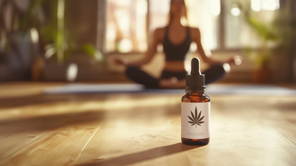 Huile cbd et femme faisant du yoga