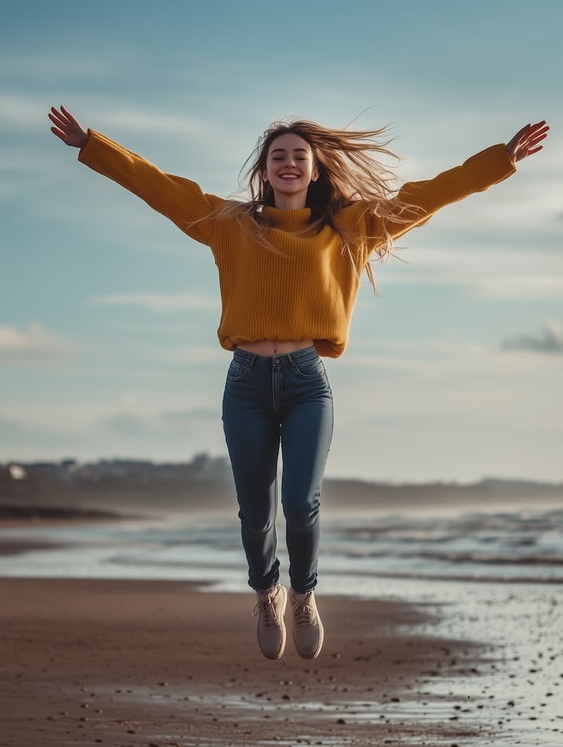 femme qui saute sur la plage